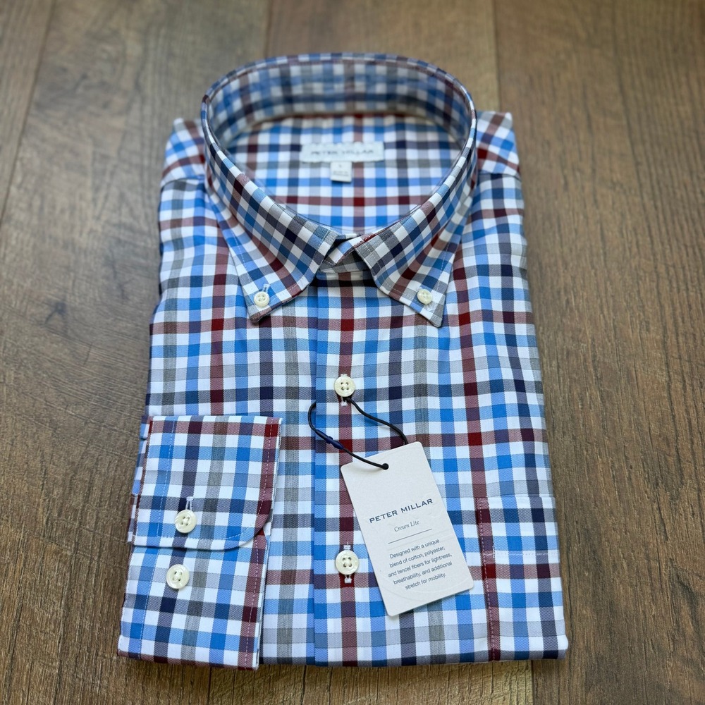 Peter Millar Crown Lite Button Down Shirt Size L NWT Blue Burgundy Plaid Check